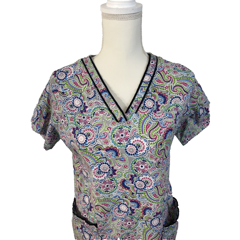 {MD} Women's Double Pocket Floral wtih Black Piping Cotton Scrub Top Size M
